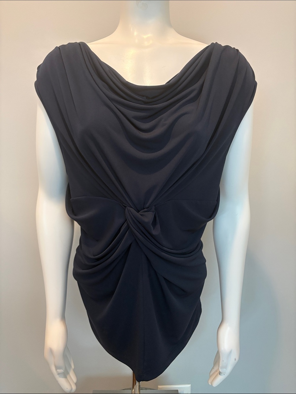Ellen Tracy Navy Blue Draped Knot-Front Sleeveless Top Blouse Size XL